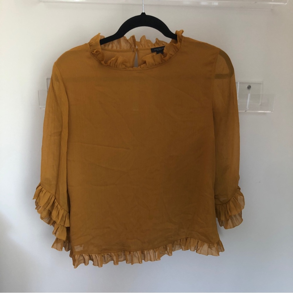 Mustard yellow chiffon quarter sleeve ruffled shirt